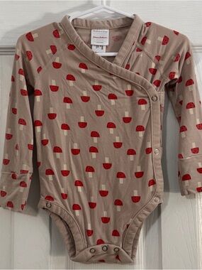 Hanna Andersson Baby Girl Soft Taupe One Piece Kimono with Red Mushroom Print